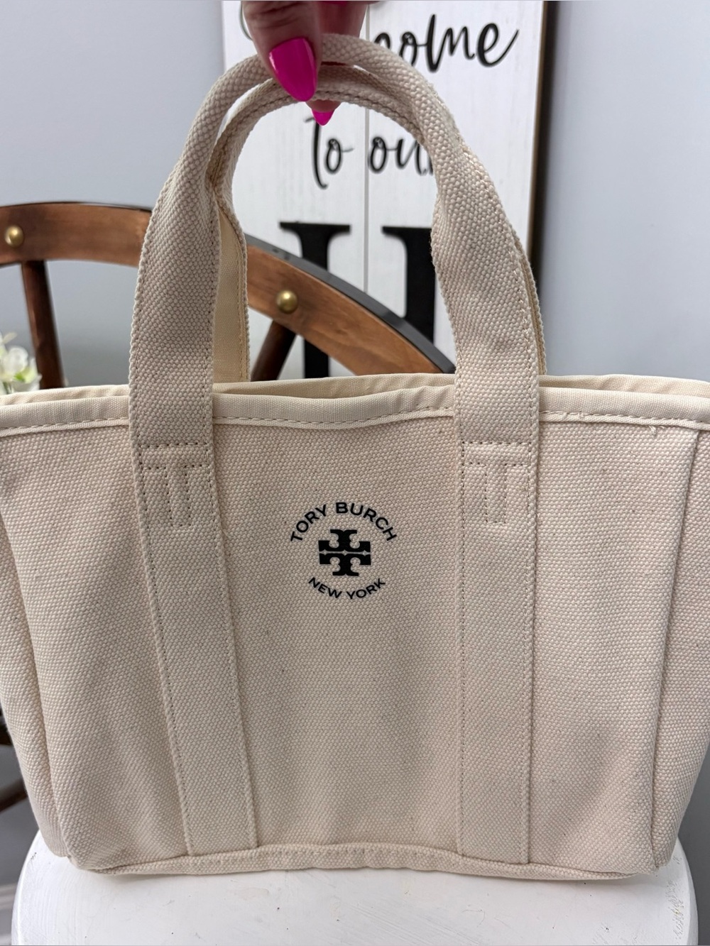 Tory Burch Cream Canvas Mini Tote with Black Logo